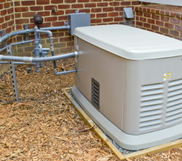 Beige residential standby generator unit mounted on wooden base against brick wall with gray PVC piping connections.