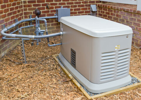 Residential Standby Generator Installation Beige residential standby generator unit mounted on wooden base against brick wall with gray PVC piping connections.